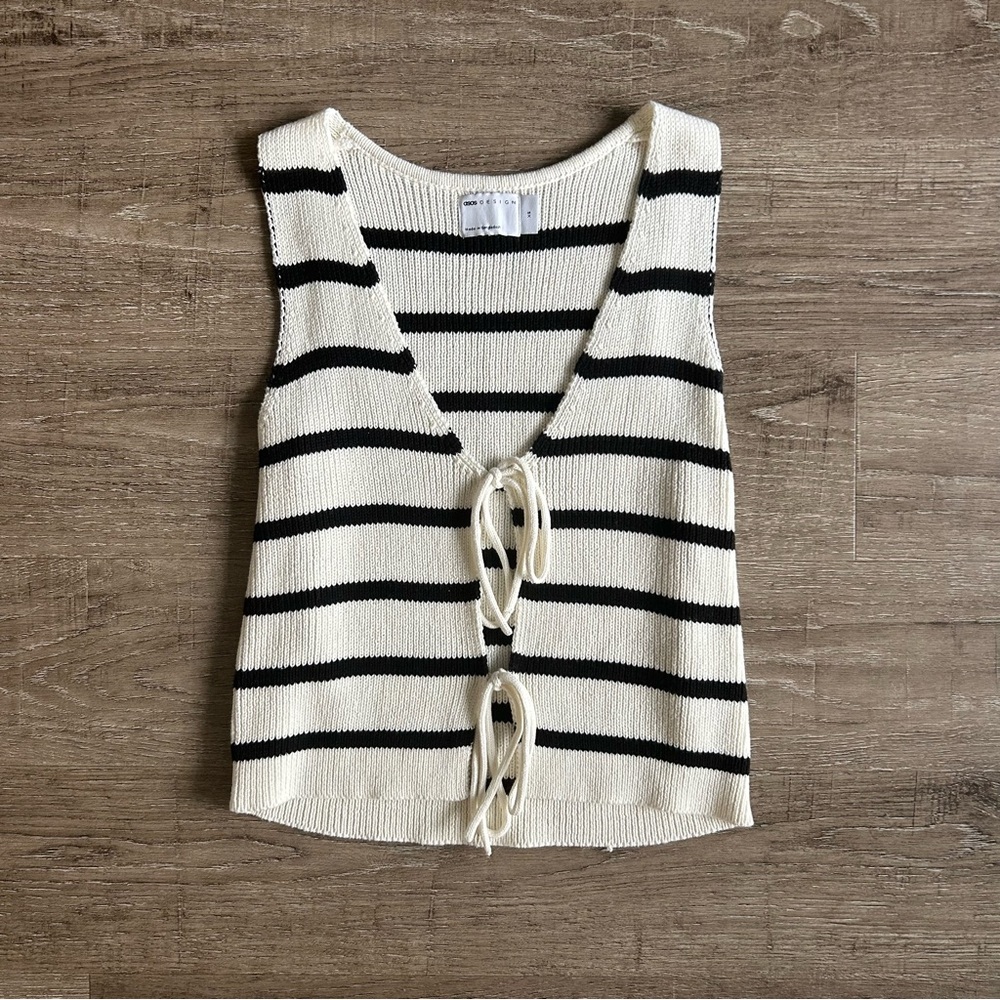 ASOS Black and White Striped Knit Top Tie Front Vest